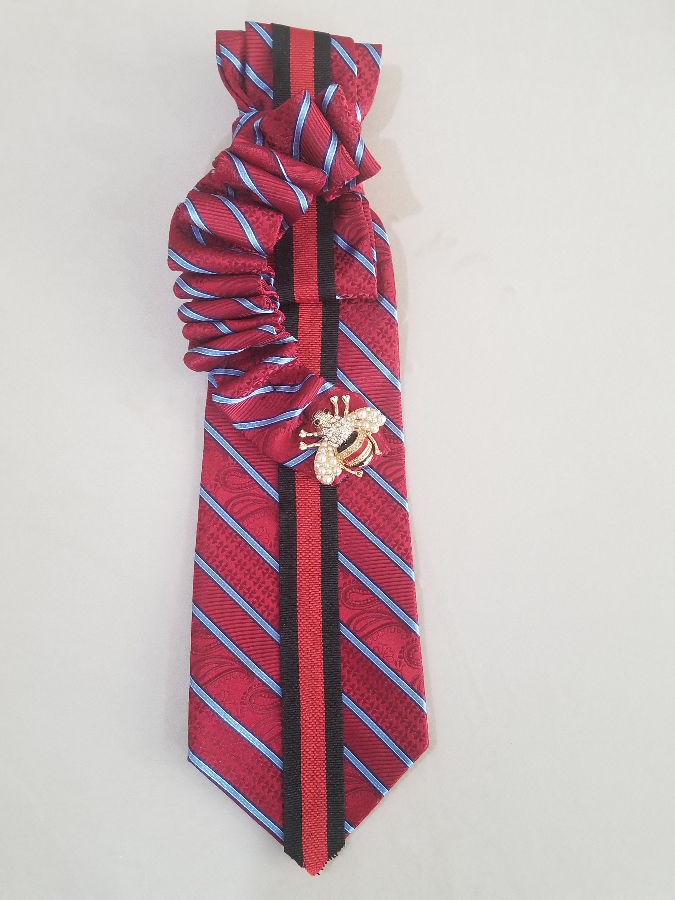 Red Striped Womens Necktie With Bee Pin  Classic Formal Accessory